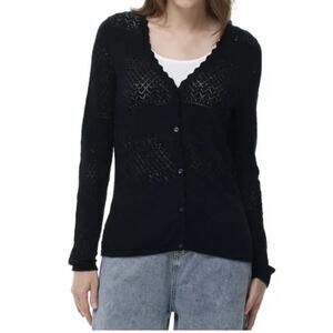 Frye Black Cotton Open Knit Cardigan Scalloped Edge Button Front XXL